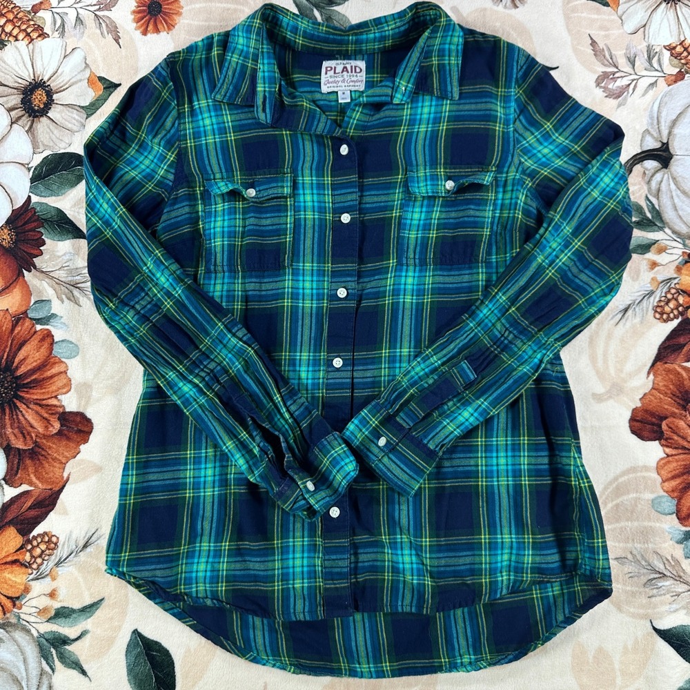 Old Navy Boyfriend Shirt Womens Navy Green Blue Plaid Flannel Button Down M